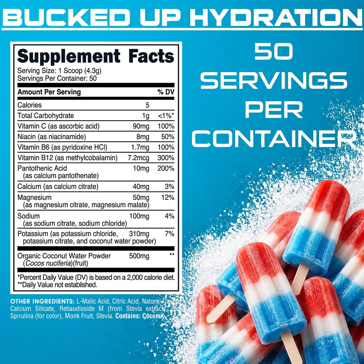 Bucked Up Essentials Electrolytes Rocket Pop | Advanced Hydration Complex with 500 mg Electrolytes Per Serving | Gluten Free Non GMO Third Party Tested Drink Mix | 230g (50 Servings)