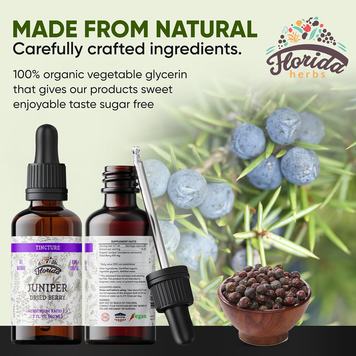 Juniper Tincture Alcohol-Free, Organic Juniper Berry Extract (Juniperus communis) - Non-GMO in Cold-Pressed Organic Vegetable Glycerin - 2 oz