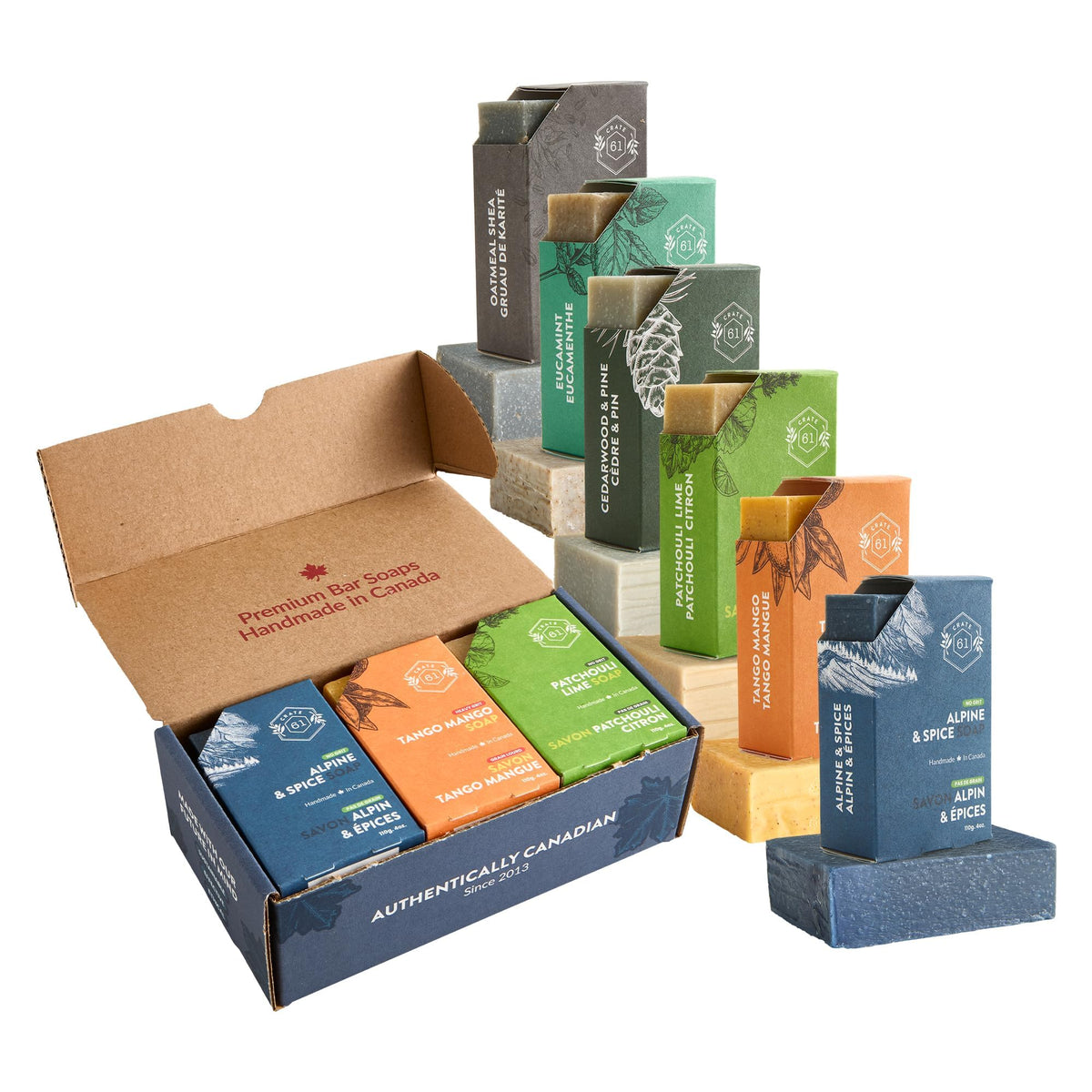 Crate 61 Organics, Handmade in Canada, Plant Based Cold Process Natural Bar Soap, With Premium Essential Oils, Dry Skin, Pack of 6 (For Him)