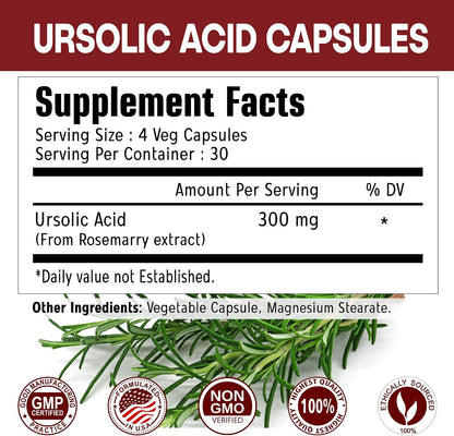 Pure Ursolic Acid Supplement 300mg, 120 Pills, Rosemary Leaf Extract Powder, Non-GMO and Gluten-Free Ursolic Acid Capsules for Women and Men