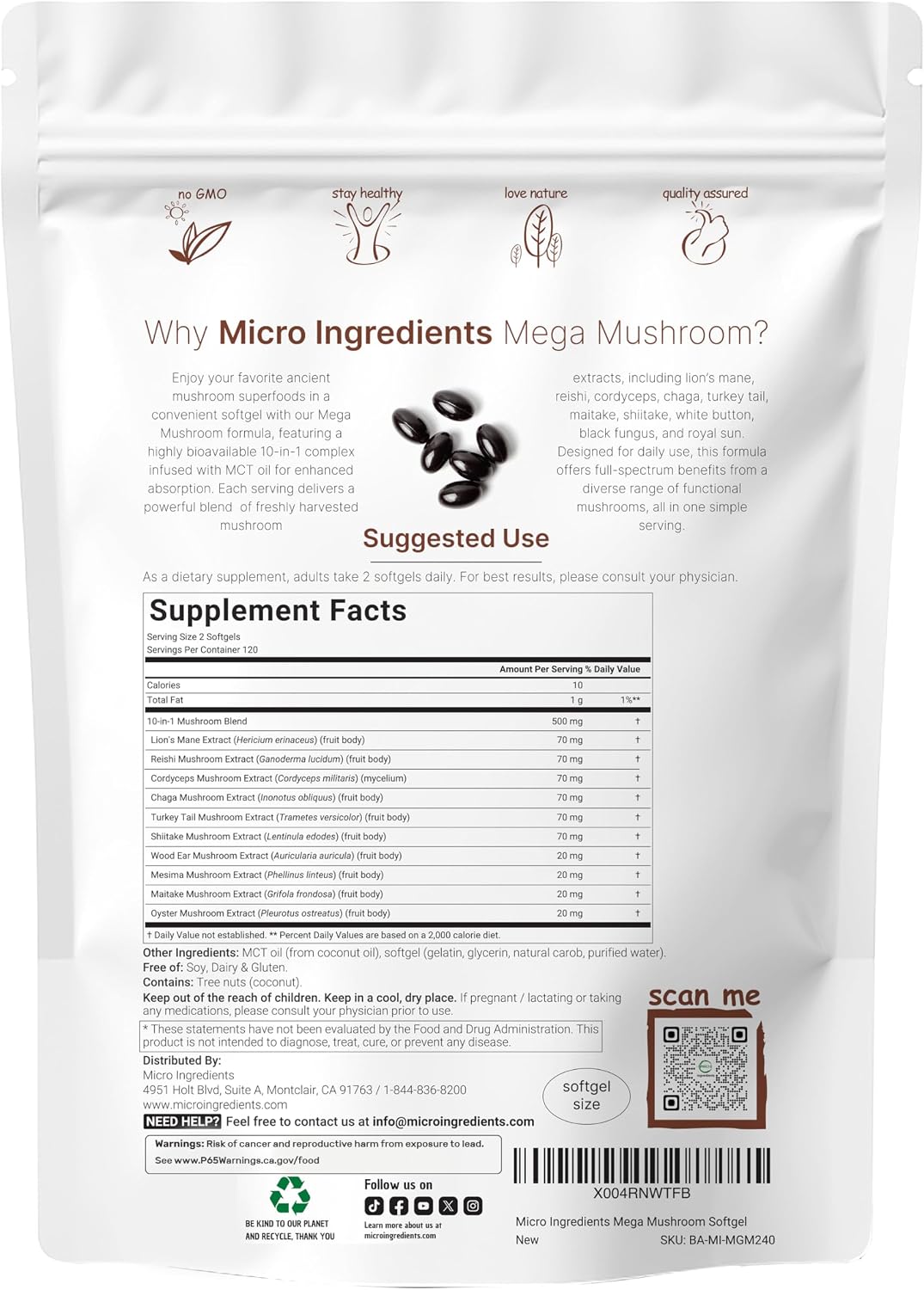 Micro Ingredients 10‑in‑1 Mega Mushroom Complex Supplement – Lions Mane, Cordyceps, Reishi, Chaga & More – 240 Softgels with MCT Oil – 4 Month Supply – Adaptogenic Functional Mushroom Blend