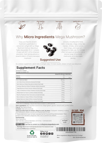 Micro Ingredients 10‑in‑1 Mega Mushroom Complex Supplement – Lions Mane, Cordyceps, Reishi, Chaga & More – 240 Softgels with MCT Oil – 4 Month Supply – Adaptogenic Functional Mushroom Blend