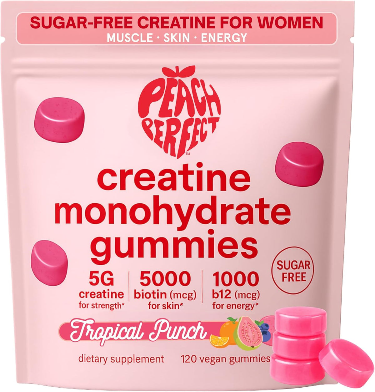 Peach Perfect Creatine Gummies for Women – Micronized Creatine Monohydrate with Biotin & Vitamin B12 for Glute Strength Support, Boosts Energy, Focus, Strength, and Endurance – Tropical Punch, 30 SVG