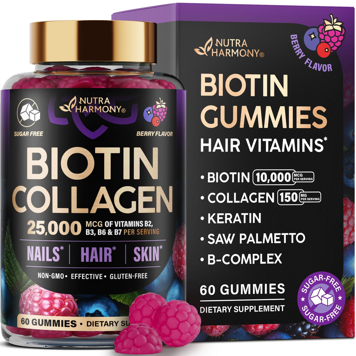 Biotin Gummies with Collagen - Hair Growth Support Skin, & Nail Strength - for Women & Men - Biotin 10000mcg | Keratin | Hyaluronic Acid | B-Complex | Saw Palmetto