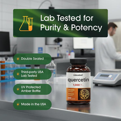 NatureBell Quercetin 1,000mg - 240 Capsules - Ultra Strength Supplement for Healthy Immune Support* - Quercetin Dihydrate from Sophora Japonica - 3rd Party Tested - Single-Ingredient Purity
