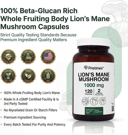 PRISTINE'S Lion's Mane 1000mg Mushroom Capsules, Fruiting Body, Vegan | Focus, memory and brain health support from lion's mane fruiting body. 60 day supply, vegan, non-GMO, gluten-free