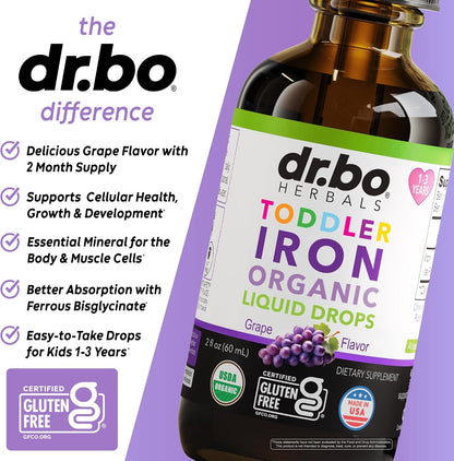 Iron Supplement for Toddlers & Kids - Organic Liquid Iron Drops for Kids, Toddler, Baby, Infant, Toddlers Supplements Ages 1-3 - Organic Vegan Toddler Liquid Drops Supplement, Gluten Free, Non-GMO 2oz
