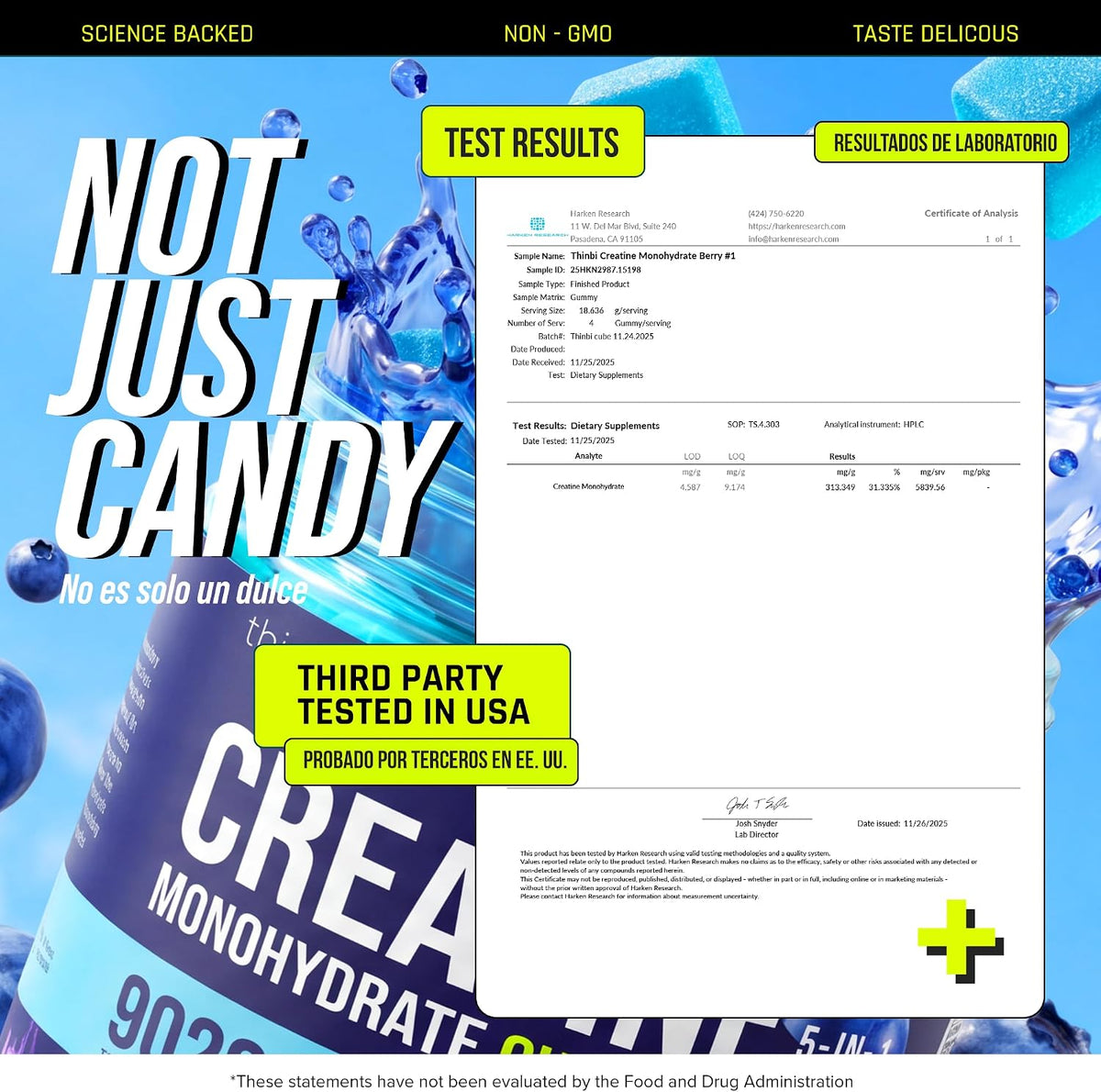 Thinbi Creatine Gummies for Women & Men, Monohydrate, Blueberry, 120 Count