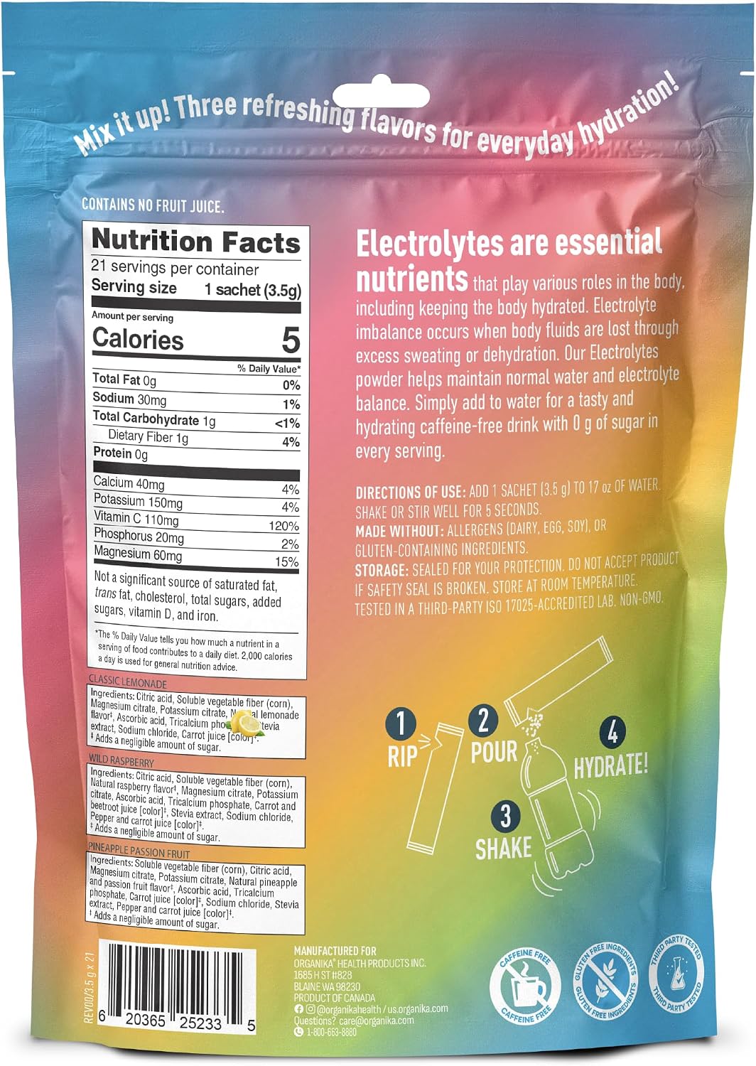 Organika Daily Electrolytes Powder Variety Pack with Vitamin C & Prebiotic Fiber – 21 Single-Serve Sachets (Lemonade, Raspberry, Pineapple Passion Fruit), Sugar-Free, Caffeine-Free