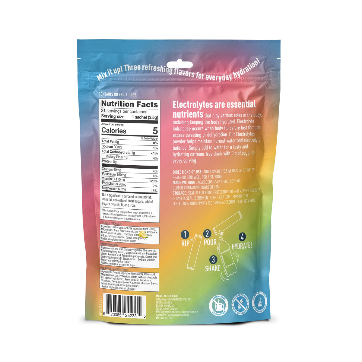 Organika Daily Electrolytes Powder Variety Pack with Vitamin C & Prebiotic Fiber – 21 Single-Serve Sachets (Lemonade, Raspberry, Pineapple Passion Fruit), Sugar-Free, Caffeine-Free