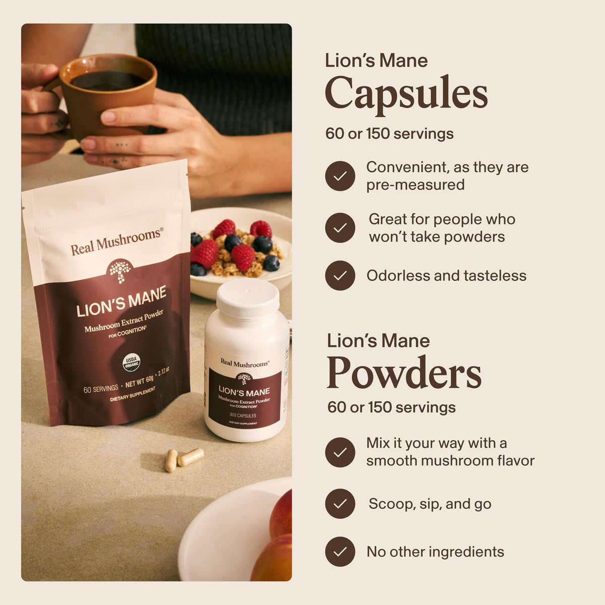 Real Mushrooms Lions Mane Mushroom Cognition (120 Capsules) Lions Mane Mushroom Powder Extract Capsules | Brain Supplement, Brain Vitamins, Focus Supplement