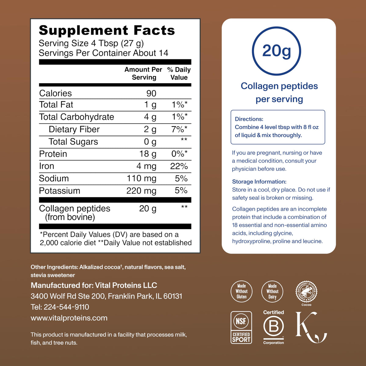 Vital Proteins Collagen Peptides Powder - Chocolate Powder for Hair, Nail, Skin, Bone & Joint Health, 13.5oz