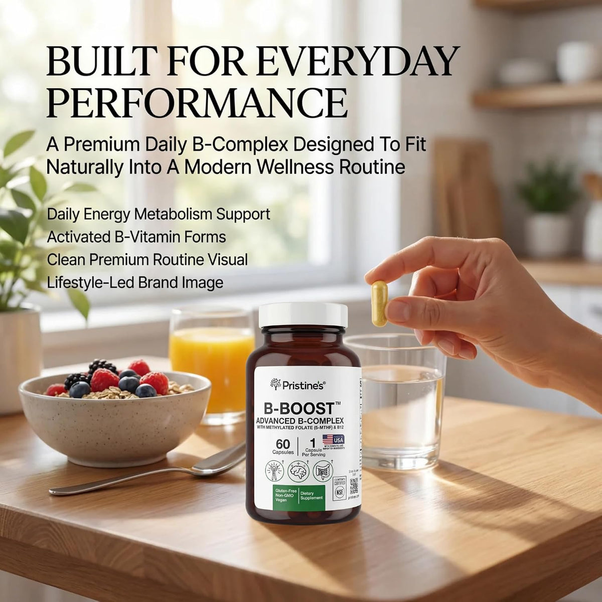 PRISTINE'S NSF Certified B Boost Methylated B Complex, 5-MTHF, 60 Count | Energy metabolism support with methyl B12 and choline in a methylated B complex. Vegan, non-GMO, gluten-free