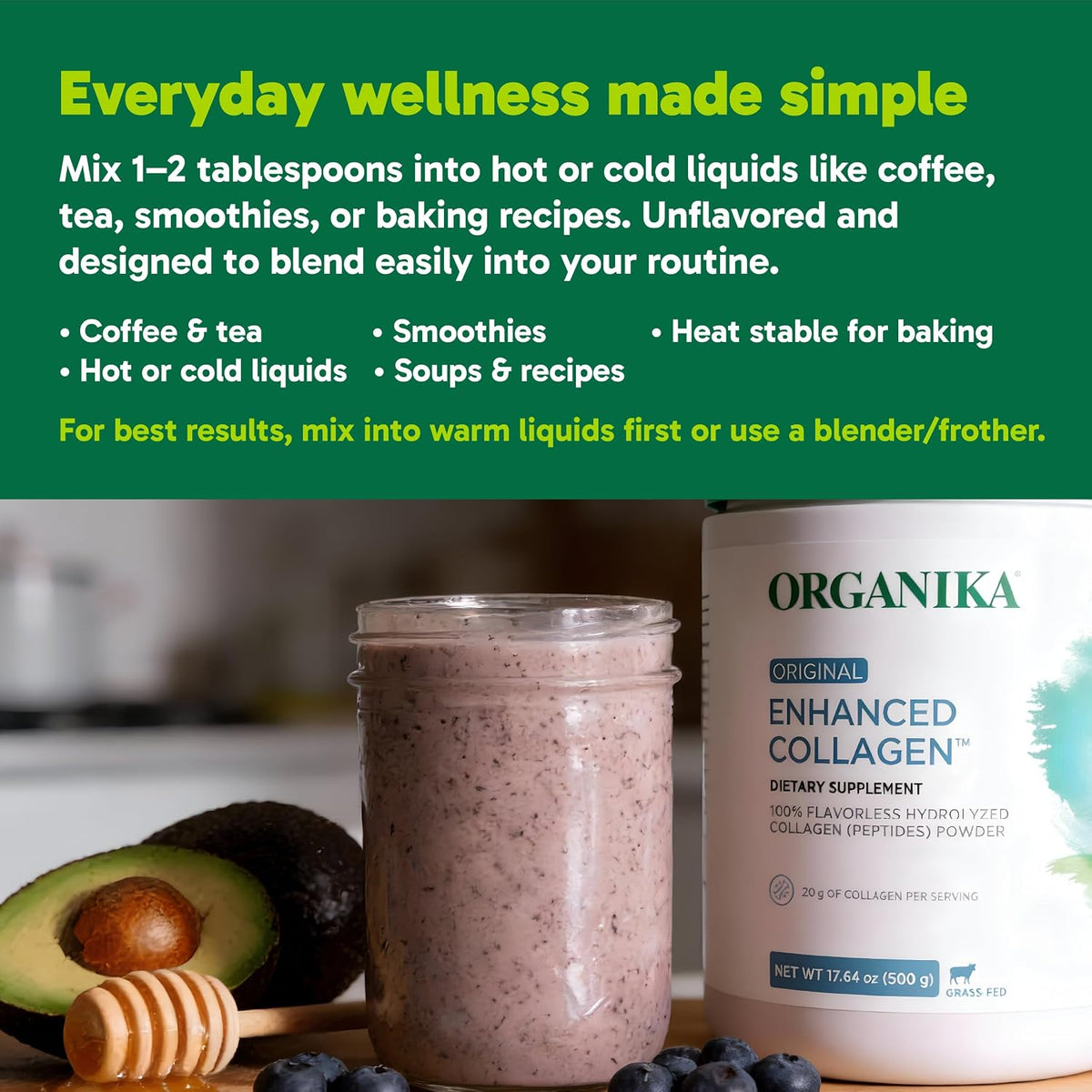 Organika Enhanced Hydrolyzed Collagen Peptides Powder: Easy Absorption Unflavored Collagen Powder for Skin, Hair, Nails, Joints, Muscles, & Gut - Keto, GMO-Free, Grass-Fed (1.1 Pounds)