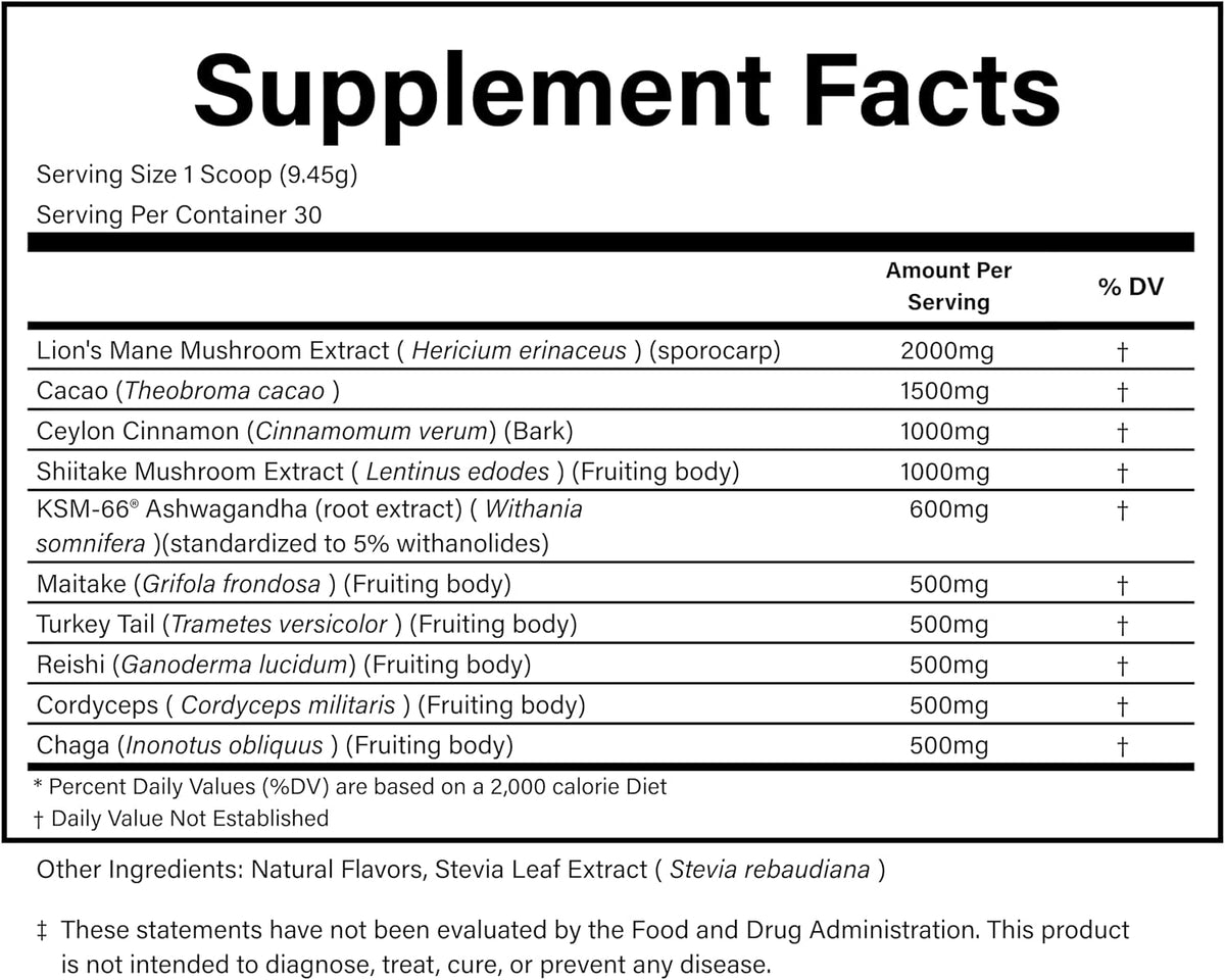 PURE® Mushroom Superblend - 30 Servings - 2000mg Lion’s Mane with KSM-66® Ashwagandha & Organic Cacao - Caffeine-Free Focus, Memory & Stress Relief Morning Ritual - Made in USA