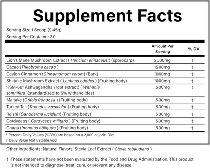 PURE® Mushroom Superblend - 30 Servings - 2000mg Lion’s Mane with KSM-66® Ashwagandha & Organic Cacao - Caffeine-Free Focus, Memory & Stress Relief Morning Ritual - Made in USA