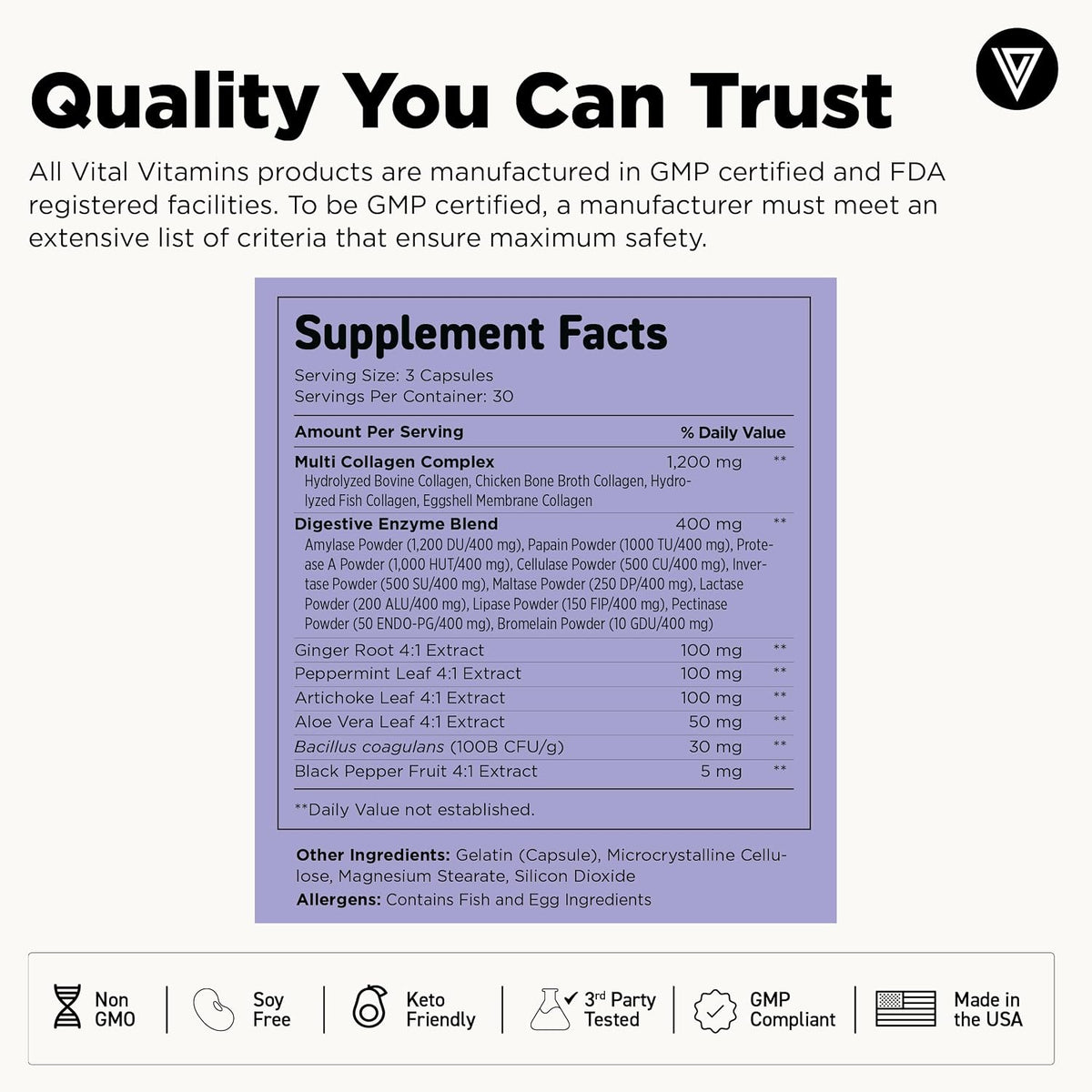Vital Vitamins Multi Collagen Complex Plus + Gut, Probiotics & Enzymes | 5 Collagen Types I, II, III, V & X with Digestive Enzyme Blend, 3 Billion CFU Probiotic & Gut Botanicals, 90 Capsules