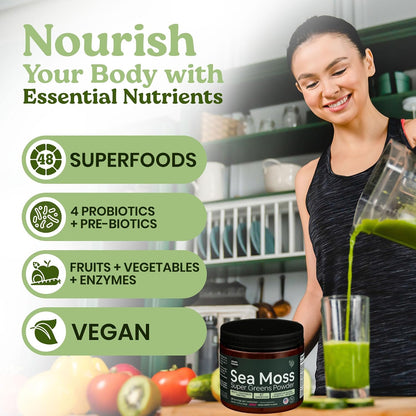 Atlantic Naturals Sea Moss Super Greens Powder – Organic Green Superfood Drink Mix with Fruits, Veggies & Probiotics – Energy, Digestion & Immune Support – 5000mg, Mixed Flavor