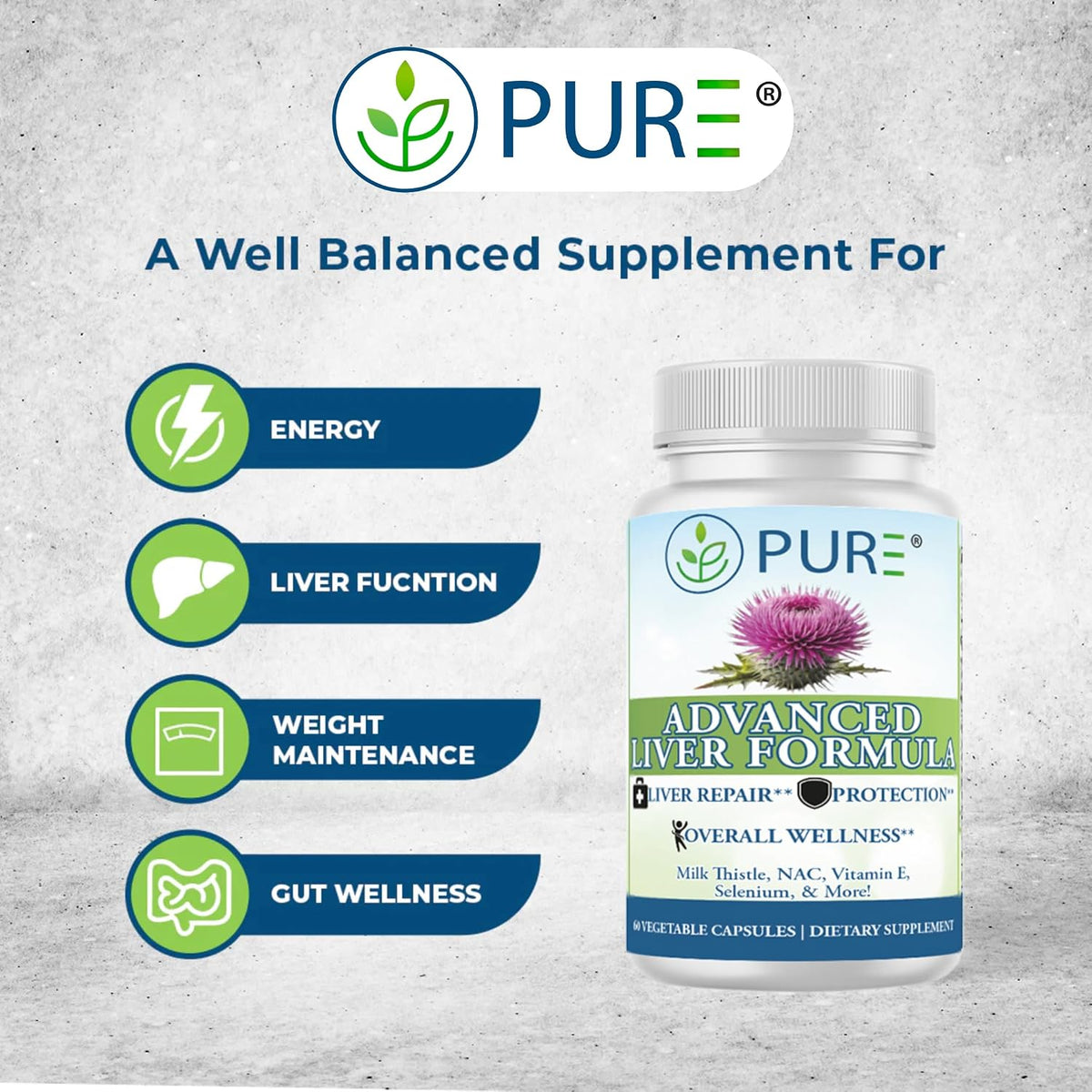 PURE® Advanced Liver Formula - 60 Vegetable Capsules, 30 Servings - High Potency Milk Thistle & NAC Detox Supplement - Liver Repair & Protection with Selenium, Zinc & Artichoke - Made in USA
