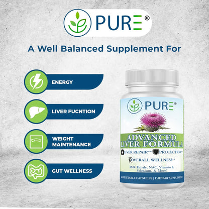 PURE® Advanced Liver Formula - 60 Vegetable Capsules, 30 Servings - High Potency Milk Thistle & NAC Detox Supplement - Liver Repair & Protection with Selenium, Zinc & Artichoke - Made in USA