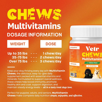 Vetr Dog Multivitamin Treats, 60 Chews Chicken Flavor, Daily Pet Dog Vitamins and Supplements with Glucosamine, Chondroitin, & Probiotics, Hip & Joint, Immune Support, & Digestive Care