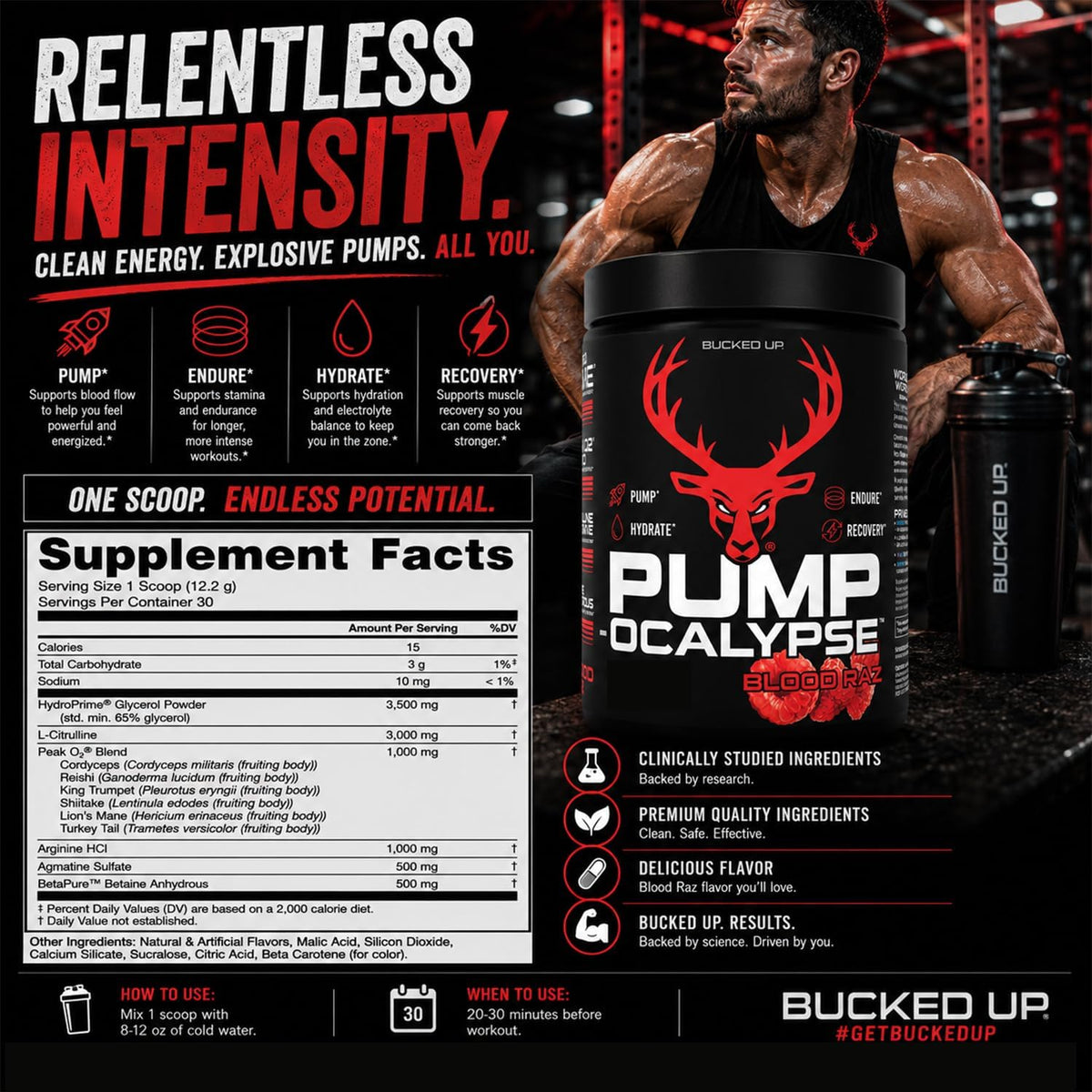 Pump-ocalypse Blood Raz | Nitric Oxide and L Arginine Supplement with Citrulline Malate, GlycerPump | Ultimate N.O. Booster | Lean Muscle Support for Blood Flow, Vascularity, Hydration and Endurance
