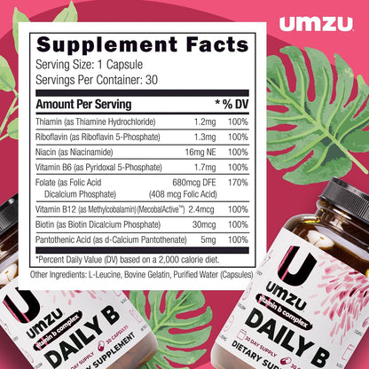 UMZU Daily B Vitamin B Complex, 30 Day Supply | Vitamins B1, B2, B3, B5, B6, B7, B9 and B12, Folic Acid and Biotin, Energy, Focus, Mood and Metabolism Support