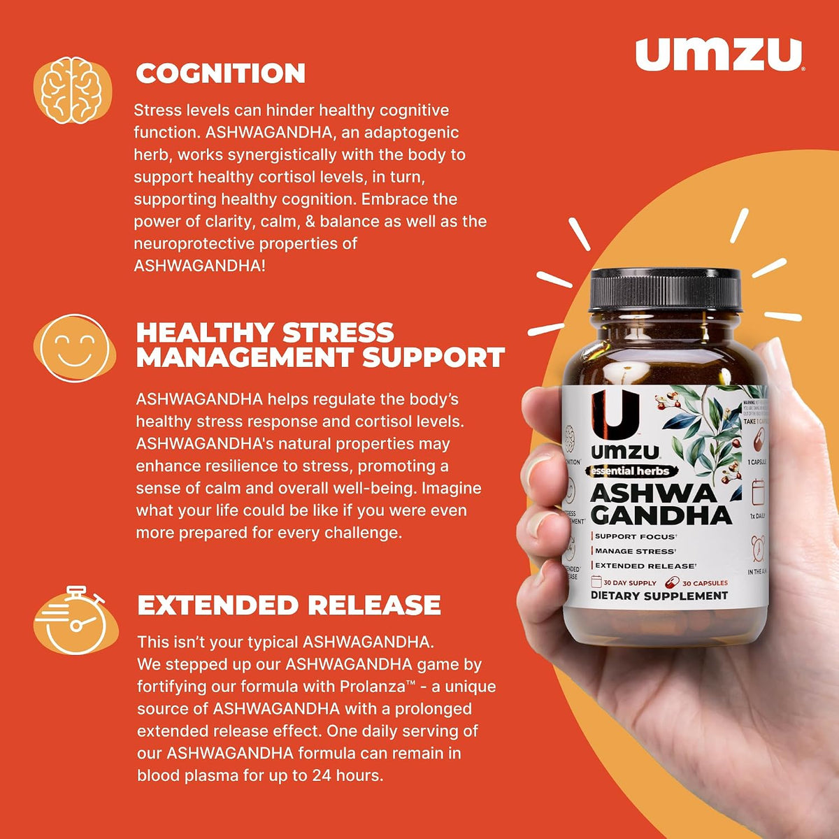 UMZU Ashwagandha Supplement Capsules, 30 Day Supply | Extended-Release Formula, Healthy Stress Response Support, Mood and Calm Support, Cognitive Function, Daily Balance