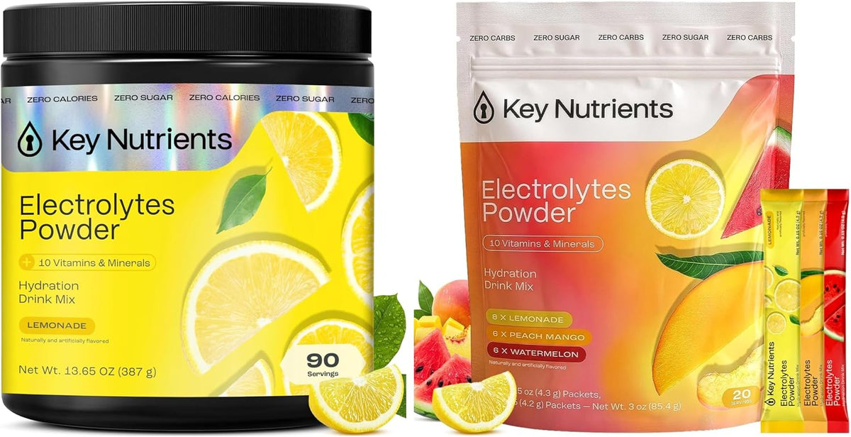 KEY NUTRIENTS Electrolytes Powder Bundle, Refreshing Lemonade 90 Servings Jar + Variety Pack 20 Count Packets, Sugar Free Hydration Travel Drink Mix with Vitamins & Minerals, No Calories
