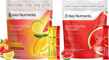 KEY NUTRIENTS Electrolytes Powder Bundle, Variety Pack 10 Count Packets + Tropical Peach Mango 20 Count Packets, Sugar Free Hydration Travel Drink Mix with Vitamins & Minerals, No Calories