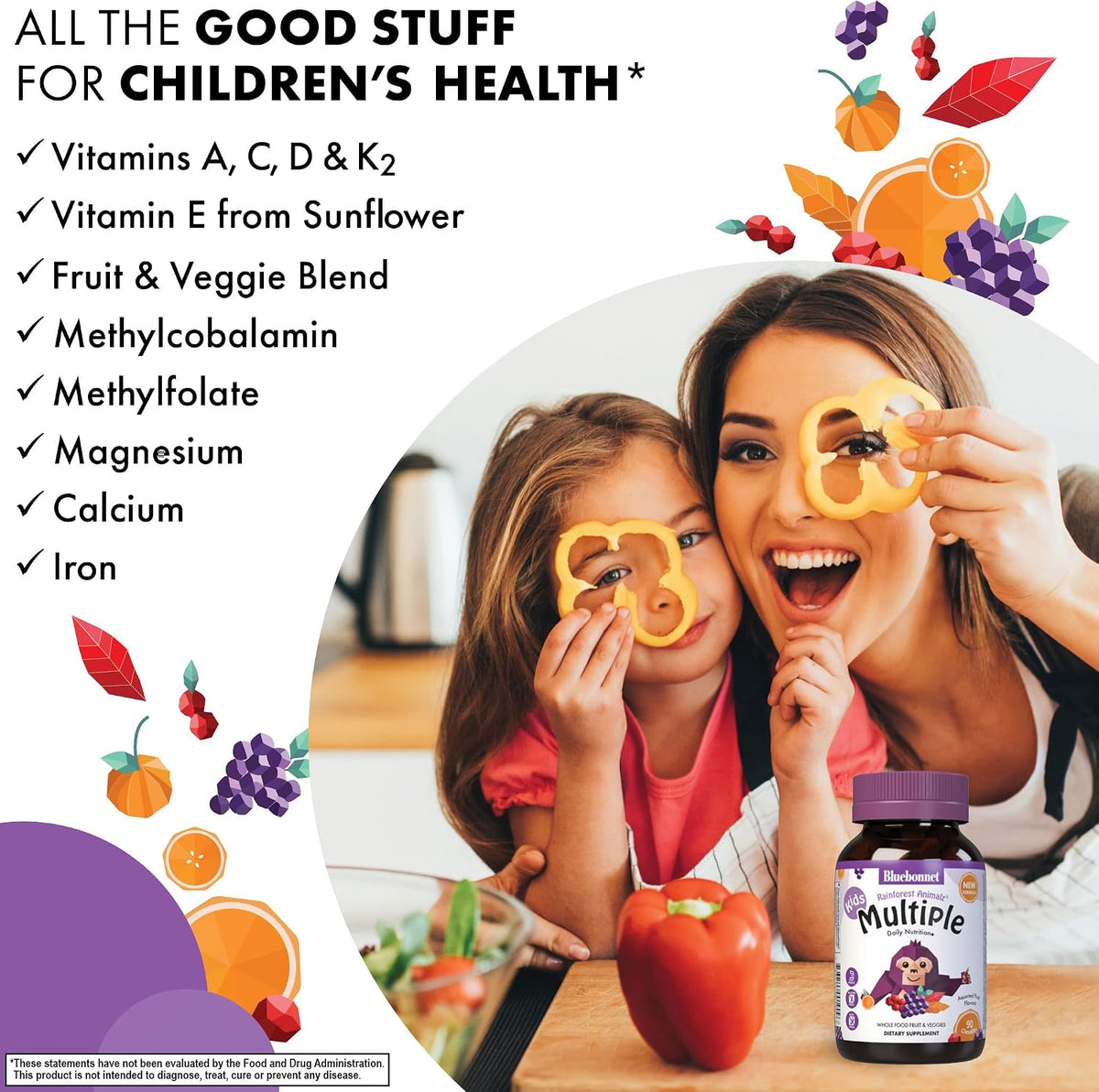 Bluebonnet Nutrition Rainforest Animalz Whole Food Based Multiple Chewable Tablets, Kids Multivitamin & Mineral, Vitamin C, D3, Iron, Gluten Free, Milk Free, Kosher, 90 Chewable Tablets, Mixed Flavors