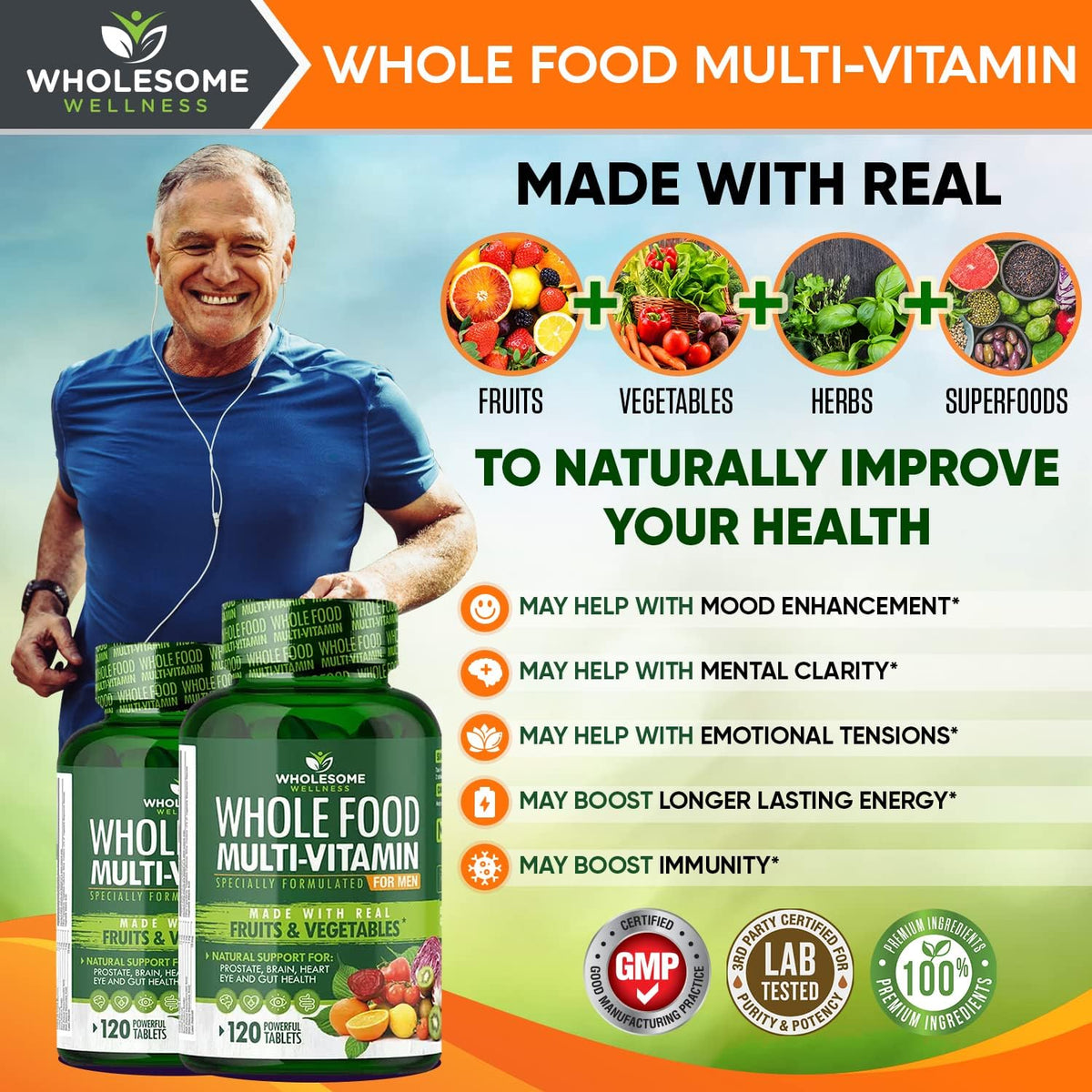 Wholesome Wellness Whole Food Multivitamin for Men - Natural Multi Vitamins, Minerals, Organic Extracts Digestive Enzymes 1000MG Plus Prebiotics & Probiotics Bundle