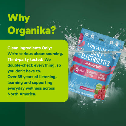 Organika Daily Electrolytes Powder Variety Pack with Vitamin C & Prebiotic Fiber – 21 Single-Serve Sachets (Lemonade, Raspberry, Pineapple Passion Fruit), Sugar-Free, Caffeine-Free