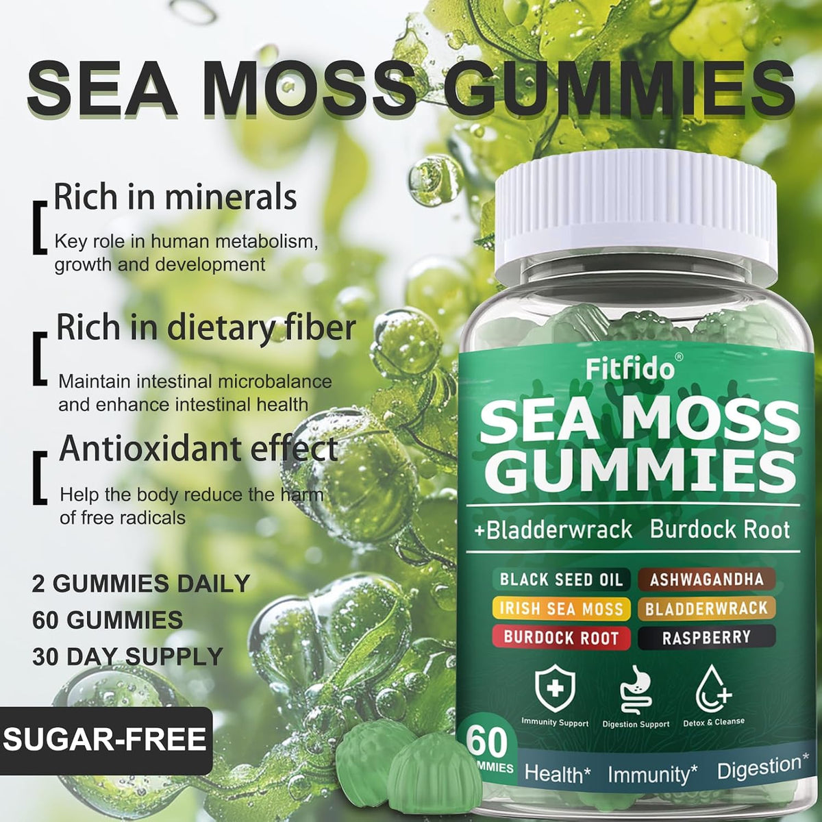 Irish Sea Moss Gummies 3000mg with Bladderwrack, 60 Count | Daily Wellness, Mineral Support, Bladderwrack, Burdock Root, Manuka Honey, 105+ Trace Minerals, Sugar Free, Vegan