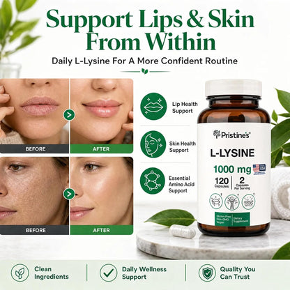 PRISTINE'S L-Lysine 1000mg Capsules, Lip Health & Immune Support, Vegan | Daily amino acid support for lip health and immune wellness. 60 day supply, vegan, non-GMO, gluten-free, glass bottle
