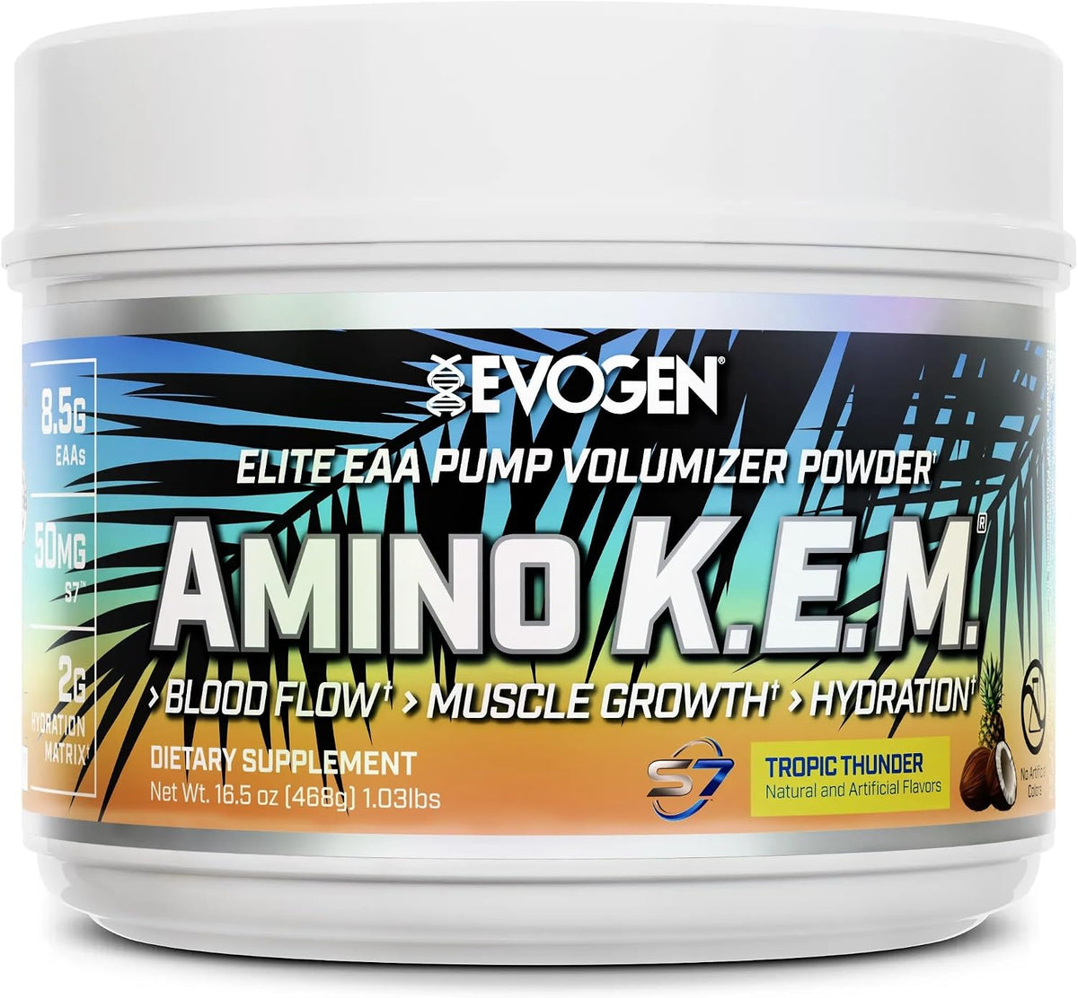 Evogen Amino K.E.M. EAA & BCAA | Tropic Thunder | 30 Servings | S7 nitric oxide blend with betaine anhydrous, coconut water and leucine for blood flow, muscle growth, hydration and recovery