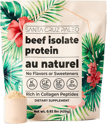 Santa Cruz Paleo, Beef Isolate Protein Powder, Au Naturel, Rich in Collagen Peptides for Protein Shakes or Smoothies, Gluten Free, Keto, Paleo, Unflavored, Unsweetened,1.1lbs (20g Protein Per Serving)