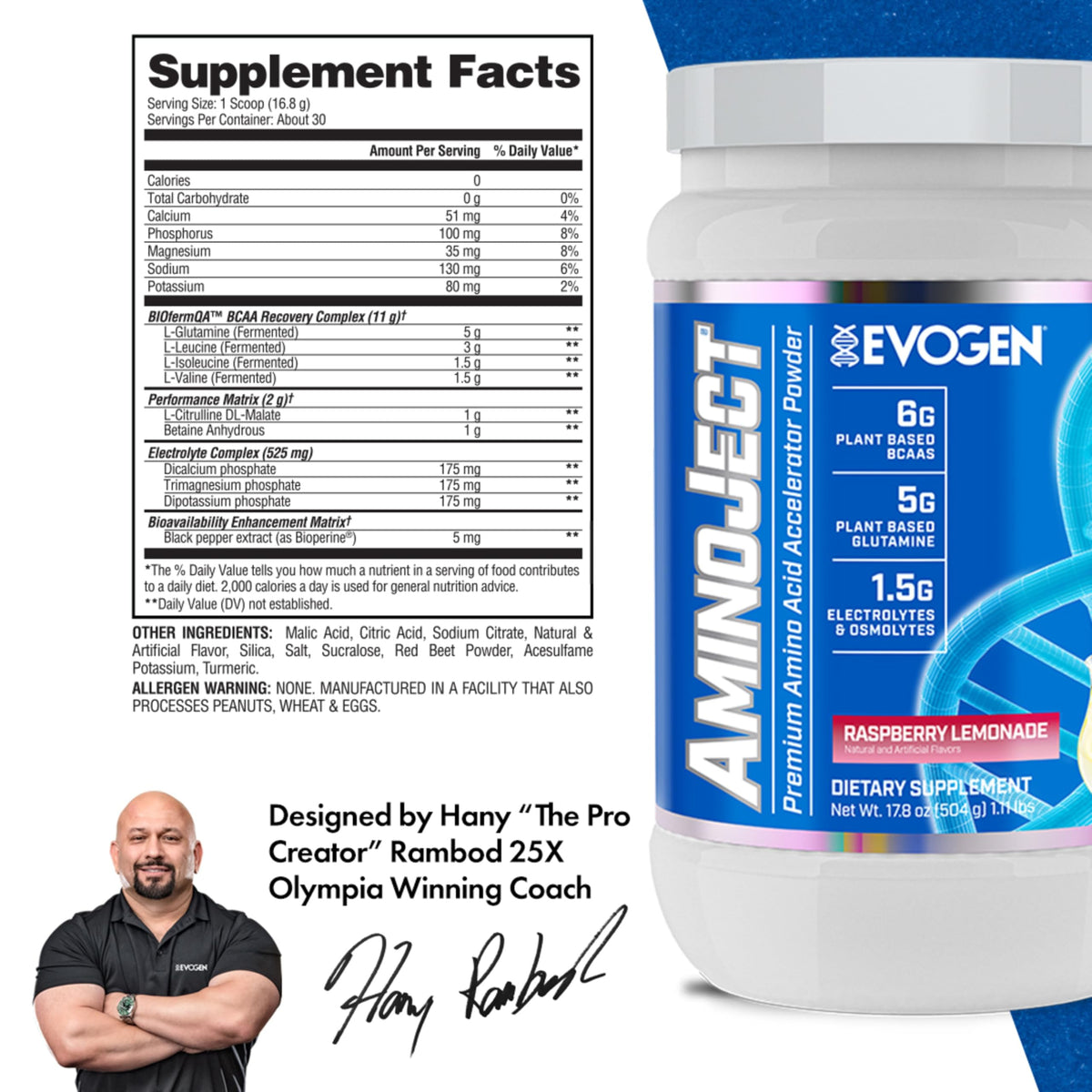 Evogen AminoJect Recovery Formula | Watermelon | 30 Servings | 6g fermented plant-based BCAAs, 5g glutamine, electrolytes, betaine and L-citrulline for hydration and endurance
