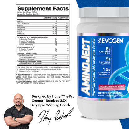 Evogen AminoJect Recovery Formula | Watermelon | 30 Servings | 6g fermented plant-based BCAAs, 5g glutamine, electrolytes, betaine and L-citrulline for hydration and endurance