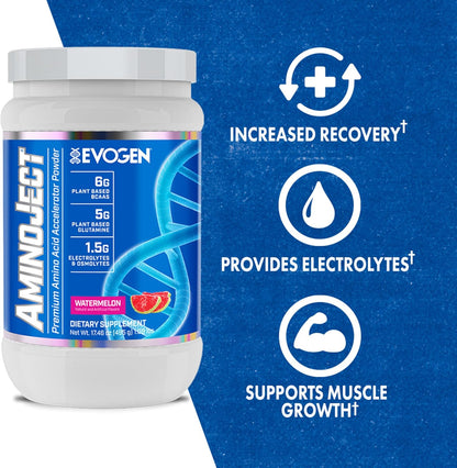 Evogen AminoJect Recovery Formula | Watermelon | 30 Servings | 6g fermented plant-based BCAAs, 5g glutamine, electrolytes, betaine and L-citrulline for hydration and endurance