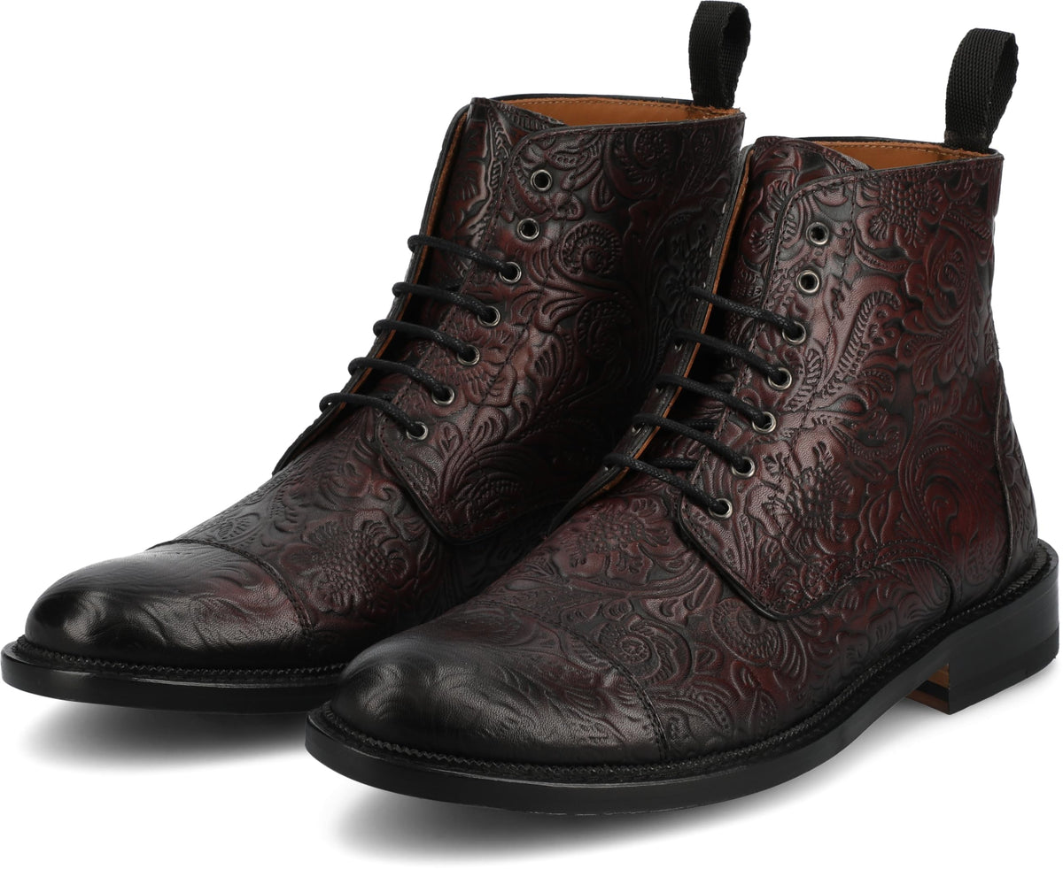 TAFT Mens Rome Genuine Leather Embossed Lace-up Ankle Boot Floral Cushioned Block Heel Round Cap Toe Casual Shoe Morado Viejo 8.5 Medium MENS US