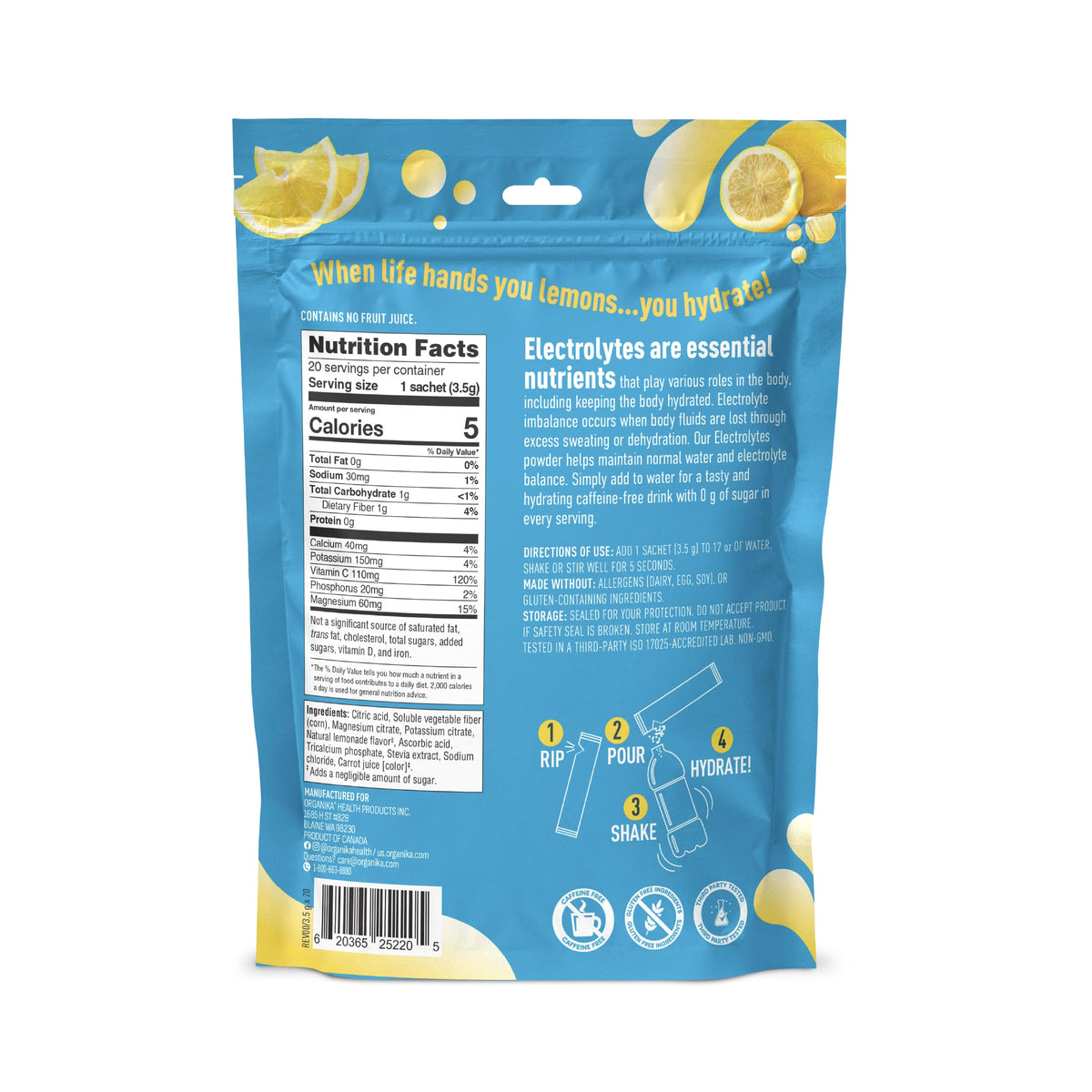Organika Daily Electrolytes Powder Variety Pack with Vitamin C & Prebiotic Fiber – 21 Single-Serve Sachets (Lemonade, Raspberry, Pineapple Passion Fruit), Sugar-Free, Caffeine-Free