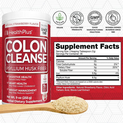 Health Plus Colon Cleanse Fiber Powder, Strawberry, 9 oz, 36 Servings | No artificial flavors; daily fiber with psyllium husk that supports natural detoxification and regularity