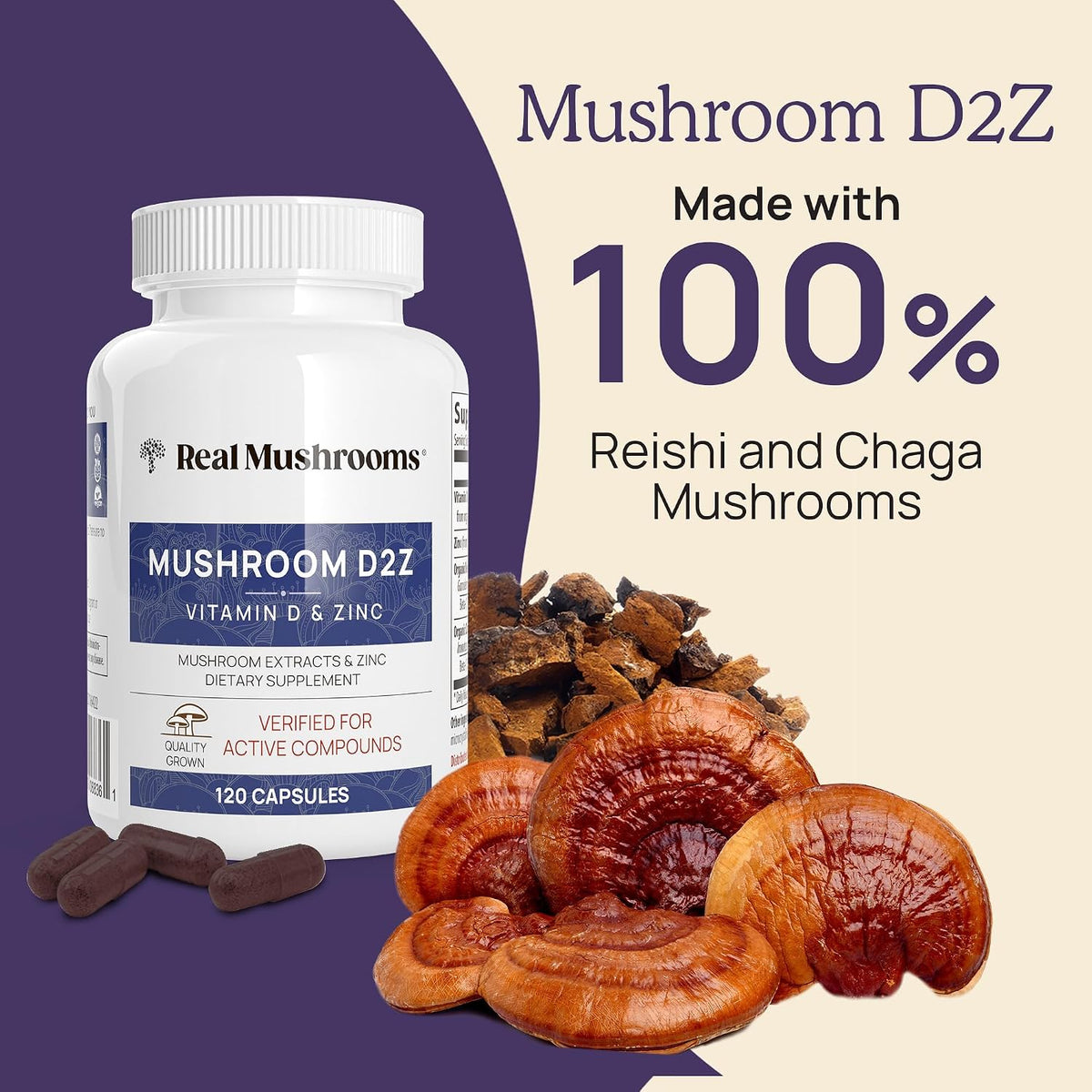 Real Mushrooms Vitamin D2, Zinc, Chaga, Reishi (120ct) and Lion's Mane (300ct) Bundle - Immunity and Cognitive Support, Chelated Zinc for Improved Absorption - Vegan, Gluten Free, Non-GMO