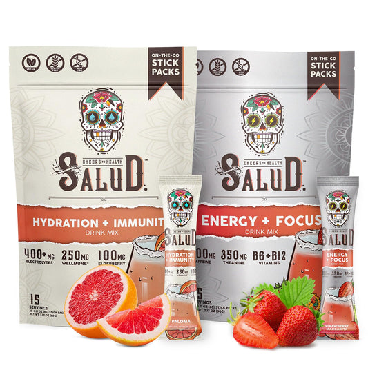 Salud 2-Pack | 2-in-1 Hydration + Immunity (Paloma) & Energy + Focus (Strawberry Margarita) – 15 Servings Each, Agua Fresca Drink Mix, Non-GMO, Gluten Free, Vegan, Low Calorie, 1g of Sugar
