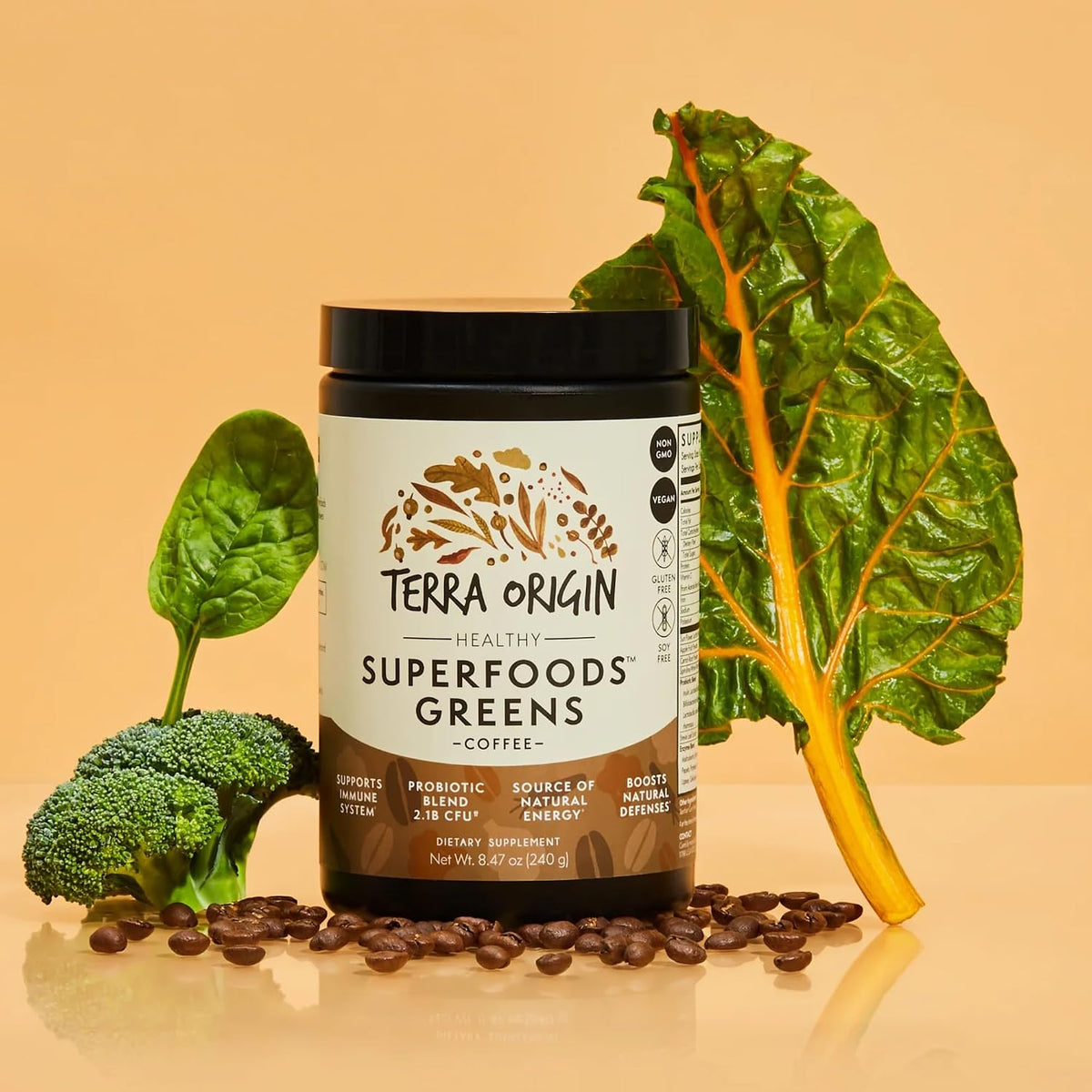 TERRA ORIGIN Superfoods Greens Blend | Organic Vegetable Supplement with Tumeric, Milk Thistle, Green Tea, Chlorella | Non-GMO, Gluten-Free, Vegan | Coffee | 30 Servings