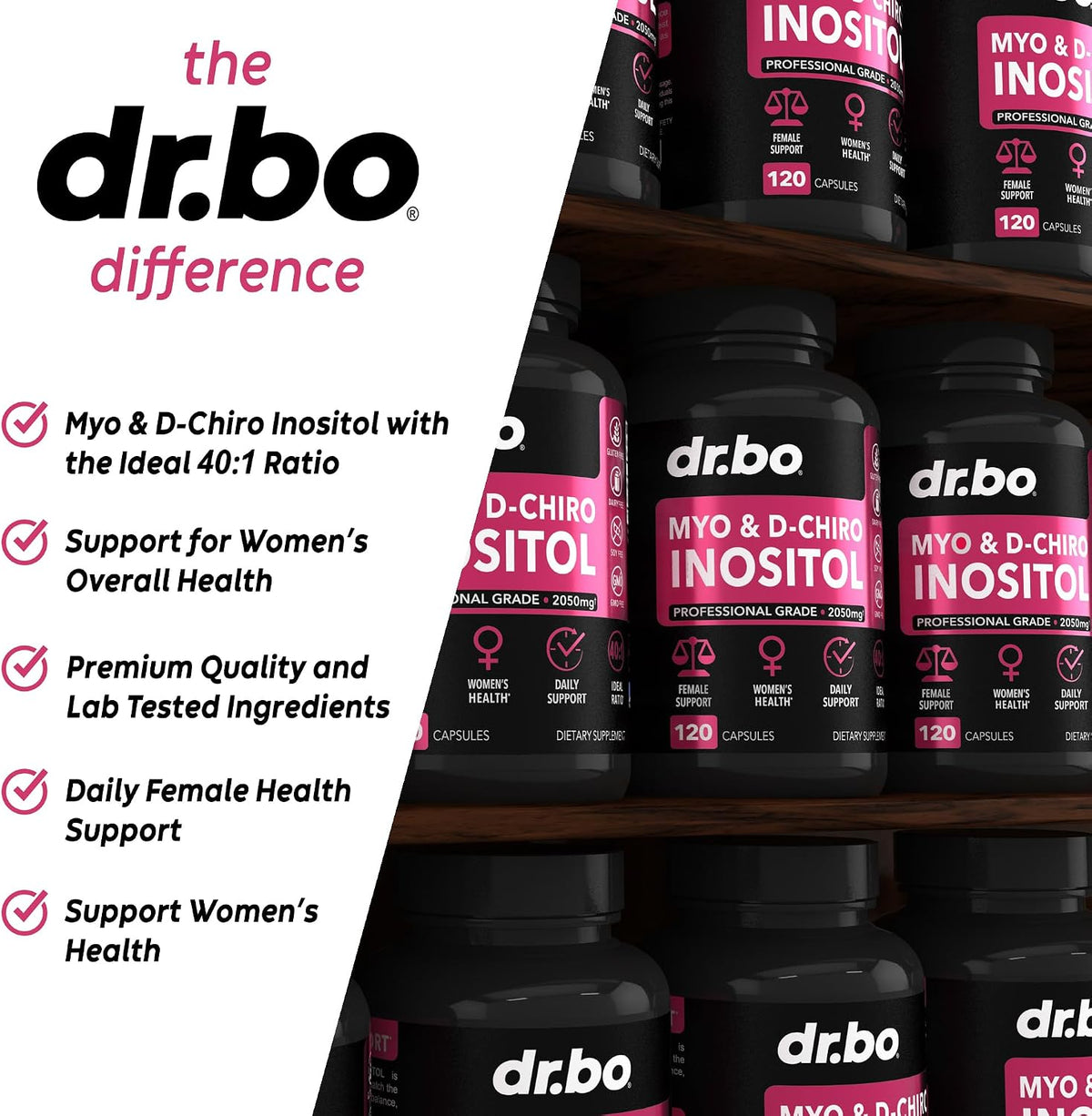 Myo-Inositol & D-Chiro Inositol Supplement Capsules - 40:1 Ratio Inositol Supplement for Women 2050mg with Vitamin B8 Pills - Natural Supplements for Female Women Support & Womens Health 120 Capsules