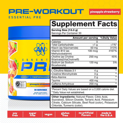 an Essentials Pre-Workout | Preworkout Energy Drink Mix | 200mg Caffeine | Creatine, Beta Alanine & Citrulline | Energy Supplement for Men & Women | Chiquita Pineapple Strawberry | 30 Servings