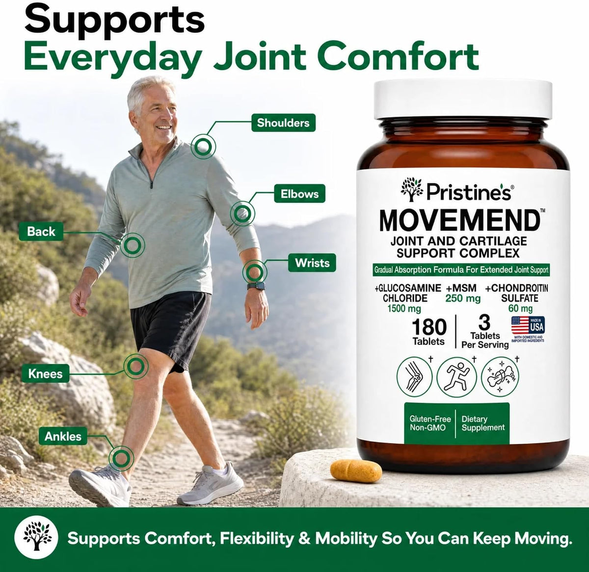 PRISTINE'S Movemend Glucosamine MSM Chondroitin Joint Support, 180 Tablets | Hyaluronic acid, Collagen Peptides, Vitamin C, Boswellia, Curcumin, Ginger, and Black Pepper For Joint Comfort and Mobility.