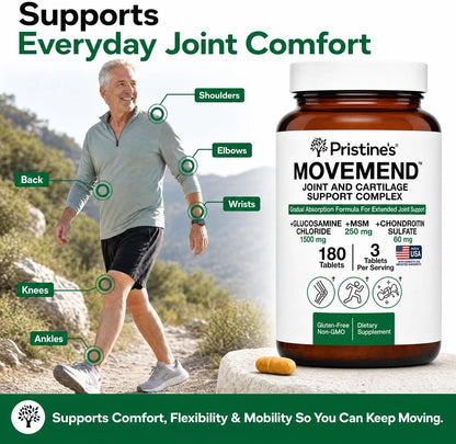 PRISTINE'S Movemend Glucosamine MSM Chondroitin Joint Support, 180 Tablets | Hyaluronic acid, Collagen Peptides, Vitamin C, Boswellia, Curcumin, Ginger, and Black Pepper For Joint Comfort and Mobility.